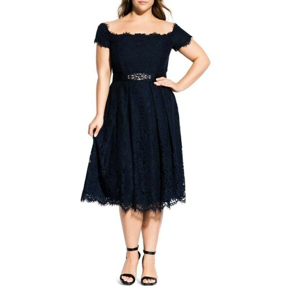 City Chic Off the Shoulder All Over Lace Dreams Dress Size XS/14 Navy NWOT - Picture 1 of 11